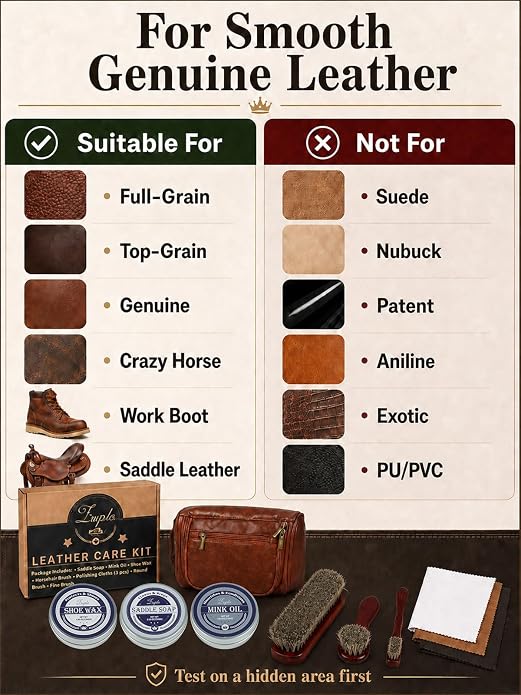 Leather Care Kit, 3.53 oz Saddle Soap, Mink Oil & Neutral Shoe Wax, Shoe Shine Kit with 3 Brushes, 3 Cloths & Bag