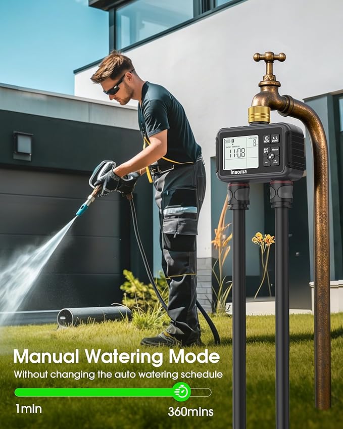 Insoma Water Timer with Brass Inlet & Outlet, 2 Independent Zones Outdoor Hose Timer for Garden Faucet with Auto/Manual/Rain Delay Mode, Sprinkler Irrigation Controller for Yard Lawn