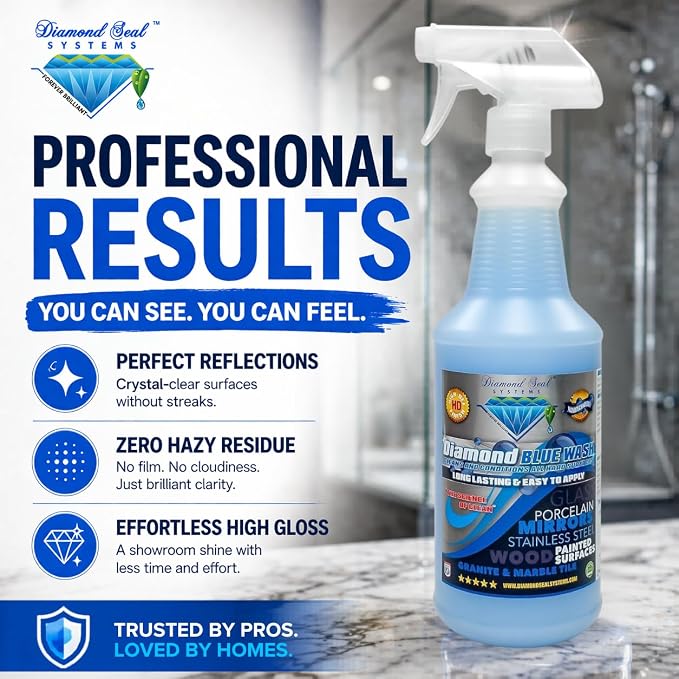 Made in the USA. Diamond Blue Repellent Wash Multi Surface. Cleans,Shine Best Cleaner for Glass, Granite, Countertops Wood & Stainless Steel. Direct from the Manufacturer 32oz Easy to use spray bottle