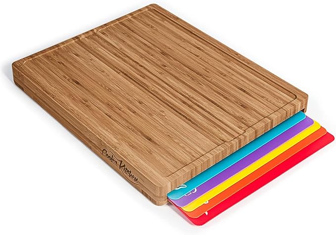 Cooler Kitchen Bamboo Wood Cutting Board Set with 6 Color Coded Flexible Plastic Chopping Mats with Food Icons, Wooden Cutting Boards for Kitchen, Wooden Chopping Board Non Toxic Dishwasher Safe