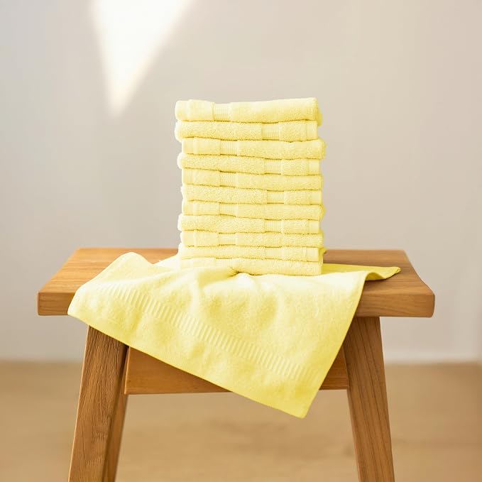 SALBAKOS 12-Piece 100% Turkish Cotton Washcloths and Face Towels, Yellow | 13x13 in Standard Size Small Towel, Multi-use Bathroom & Kitchen, Thick Super Soft Absorbent Durable, Oeko-Tex Made in Turkey