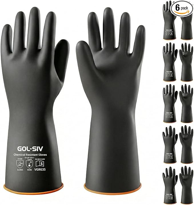 Chemical Resistant Gloves, Heavy Duty Latex Work Gloves - Waterproof, Resist Acid, Oil, Alkali - Industrial Rubber Dishwashing Gloves for Masonry & Car Detailing, 14in, 6 Pairs