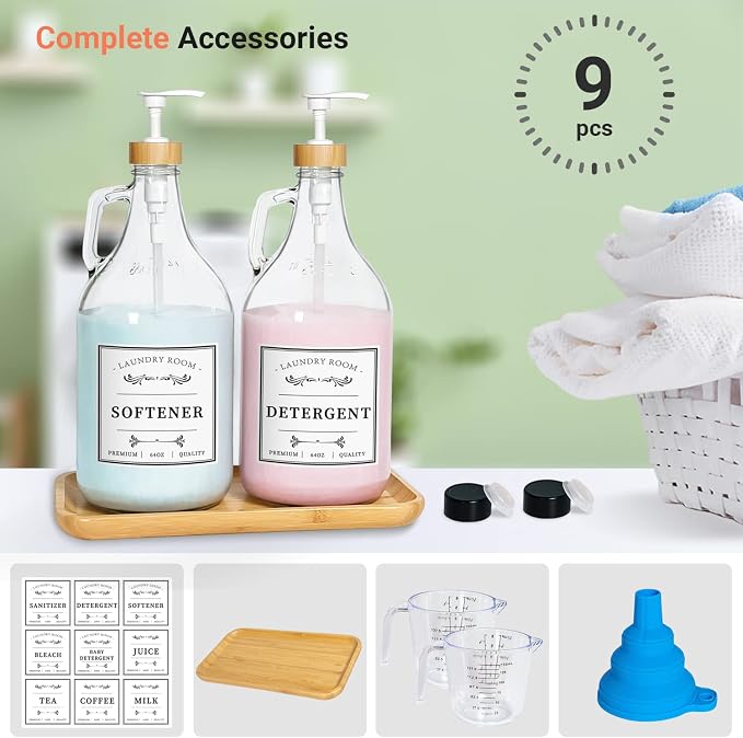 2 Pcs Glass Laundry Detergent Dispenser Bottle, Liquid Laundry Soap Dispenser for Laundry Room, 64oz Detergent Bleach Softener Dispenser for Farmhouse Decor, Includes Bamboo Pumps Tray Funnel Labels