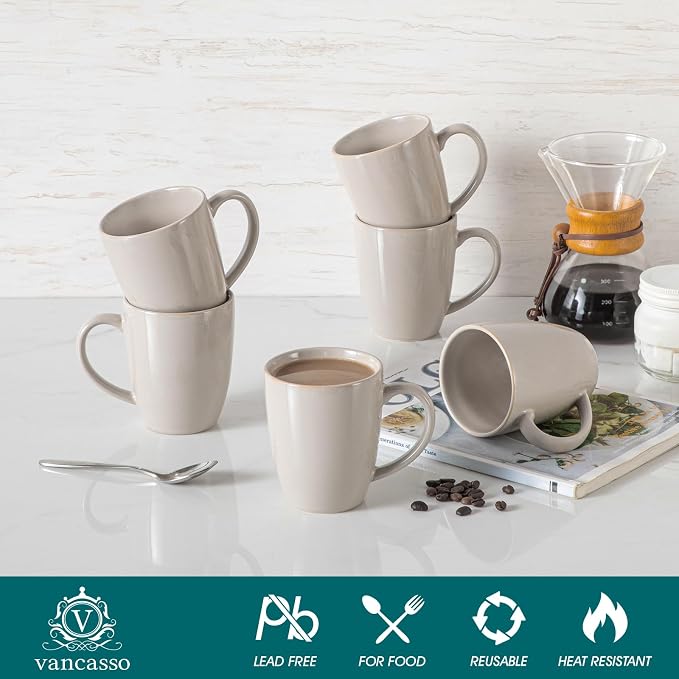 vancasso PLAYA Ceramic Coffee Mug Set of 6, 12 Oz Tea Cups with Handle for Latte, Tea, Cappuccino, Milk, Cocoa, Microwave&Dishwasher Safe, Grey
