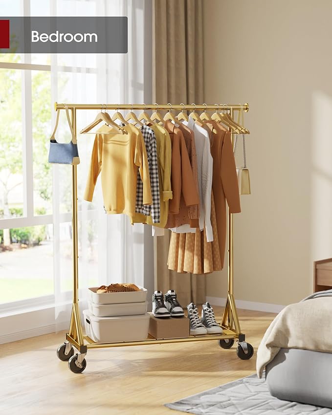 Sakugi Heavy Duty Stainless Steel Rolling Clothes Rack with Mesh Shelf, Lockable Wheels & Anti-Slip Stoppers, Large Capacity Clothing Organizer for Bedroom, Laundry Room, 42.5" x 16.5" x 65.9", Gold