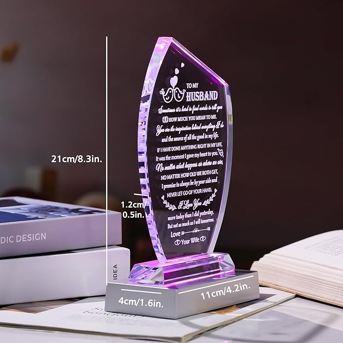 Best Birthday Gifts for Husband from Wife Unique Glass Plaque, Wedding Anniversary Meaningful Present To My Husband with Colorful Led Base for Christmas Valentines Fathers Day