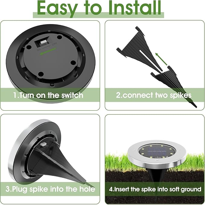 INCX 24 Pack 4.6 Inch Solar Ground Lights Outdoor, Waterproof, Cold White | 8 LEDs, 600mAh Ni-MH battery, 8-10 hr runtime, stainless steel and ABS body, garden lights for pathways, lawns and driveways
