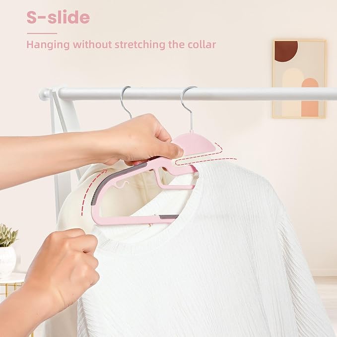 Heavy Duty Plastic Hangers 50 Pack with Non-Slip Design,0.2 Inches Thick,360°Swivel Hook Space Saving Organizer for Bedroom Closet,Shirts,Pants,Strong Enough for Coat(Pink- S Shaped)