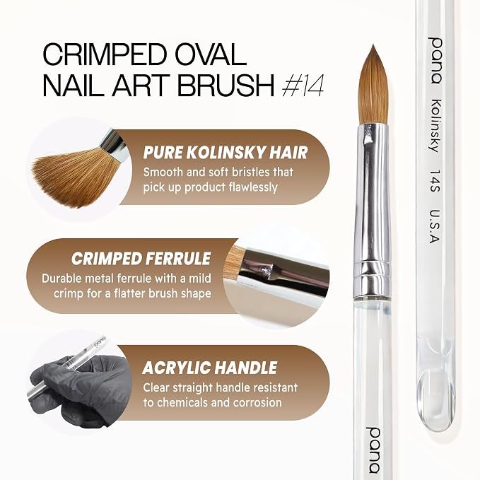PANA Pure Kolinsky Hair Acrylic Nail Brush - Oval Crimped Shape Silver Ferrule with Clear Acrylic Handle (Size 14)