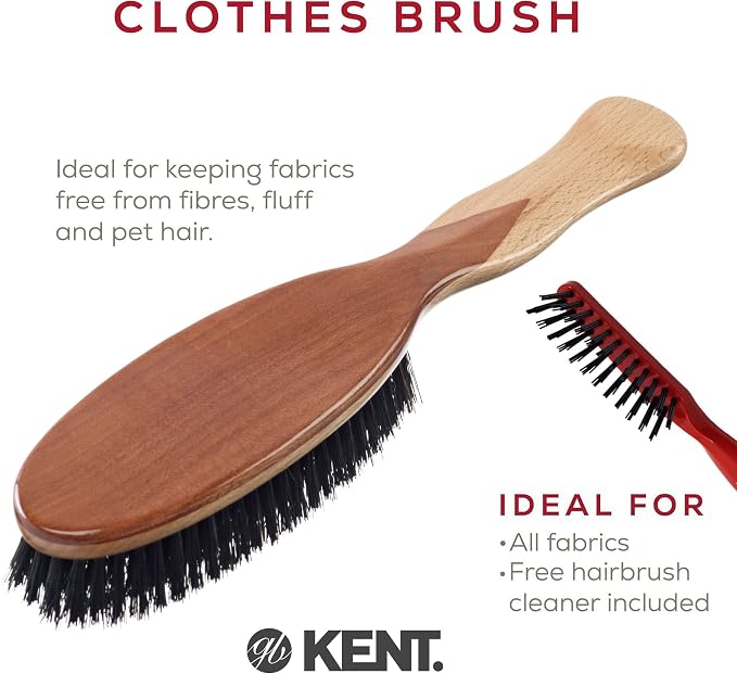 Kent CS1B Clothes Brush, Fabric Lint Remover for Cotton, Wool, Suede and Silk, Pure Black Bristles Handcrafted Two Tone Cherrywood Veneer Remover for Dust, Fluff and pet Hair. Made in England
