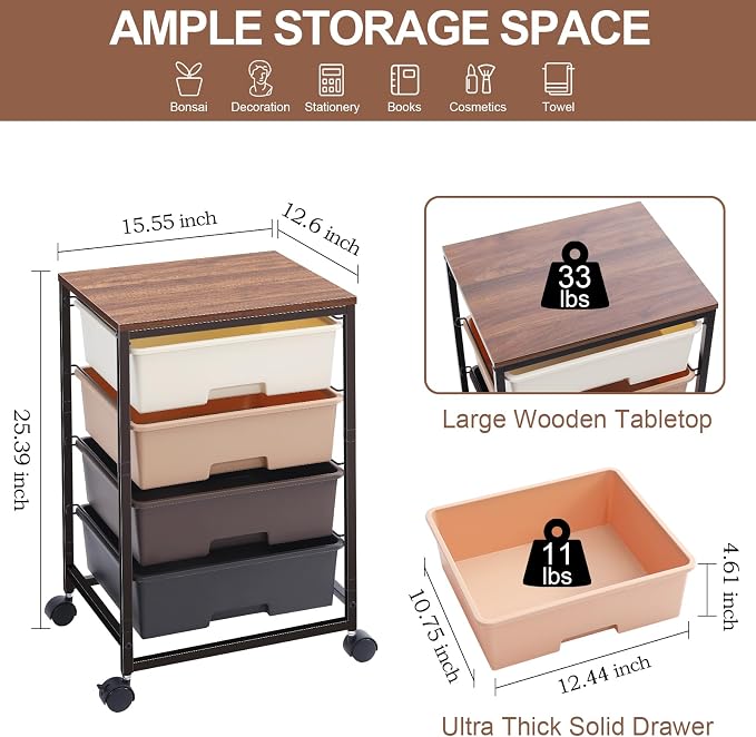 SYKIARIOL Utility Cart with 4 Drawers,Rolling Storage Cart with Drawers,Storage Rolling Drawer Cart,Brown