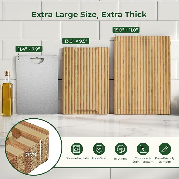 Glue Free, Plastic Free Zebra-Stripe Bamboo Pure Titanium Cutting Board Set | 6 Usable Sides, Juice Grooves, Non-Slip & Scratch Resistant, Knife-Friendly, Dishwasher Safe, Warp Resistant, Kitchen Gifts