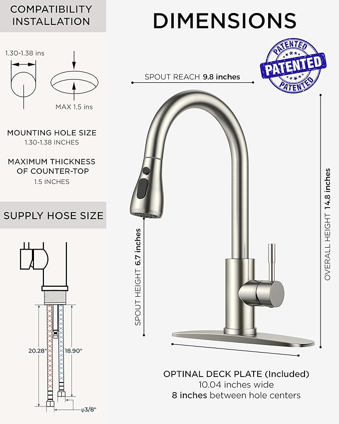 FORIOUS Kitchen Faucets with Pull Down Sprayer, Brushed Nickel High Arc Single Handle Stainless Steel Bar Sink Faucet with Deck Plate for 1 or 3 Hole, Suitable for Farmhouse RV Camper Laundry