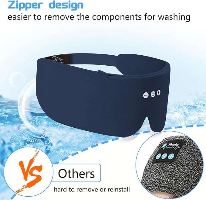 ALASKA BEAR Bluetooth Eye Mask and Sleep Headphone w/Thin Speakers, Comfortable Flat Earphones for Sound Therapy (Navy)