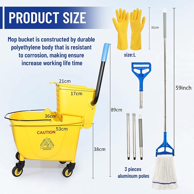 35QT Side-Press Mop Bucket and Wringer Combo on Wheels, Yellow,Including One Heavy Duty Industrial Mop and One Set Large Rubber Cleaning Gloves