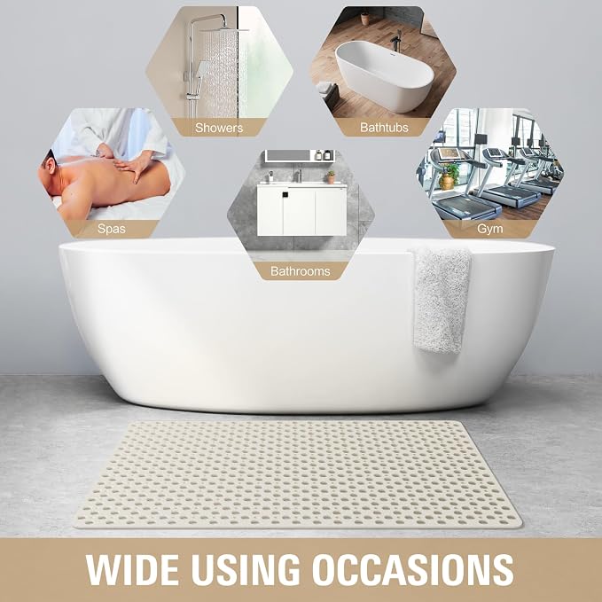 OTHWAY Large Shower Mat, 47"x 32" TPE Anti Slip Shower Mat, Heavy Bath Mats for Shower with Drain Holes Suction Cups, Shower Stall Mat for Bathroom, No Odor Shower Grip Mat for Elderly (W-White)