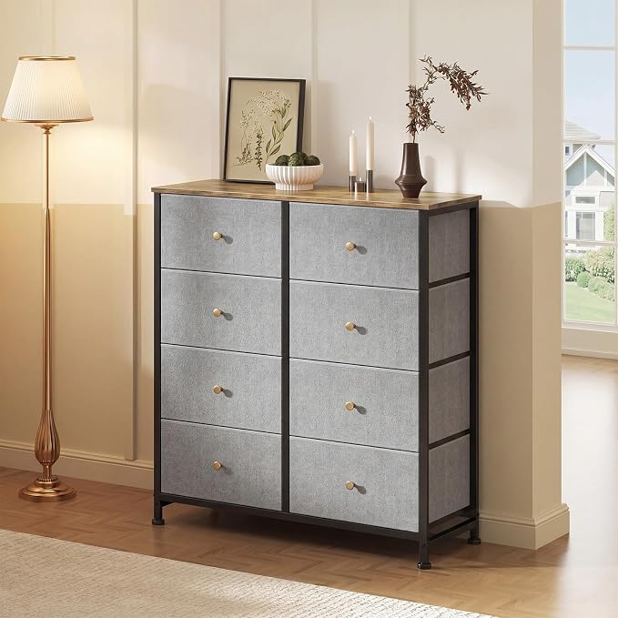 Sweetcrispy 8 Drawer Dresser for Bedroom, Organizer Storage Drawers, Blue | Fabric Storage Tower, Chest of Drawers with Steel Frame, Wood Top for Living Room, Closet
