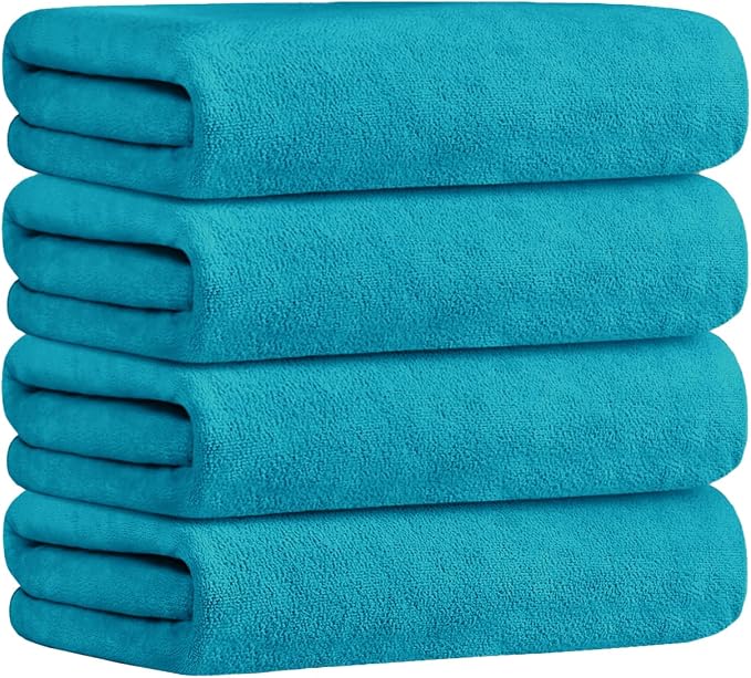 JML Microfiber Bath Towels, 4 Pack, 30" x 60", Teal | Soft, Absorbent, Quick Drying, Lint-Free, Fade Resistant, Use for Salon, Hair Wrap, Fitness, Sport, Yoga
