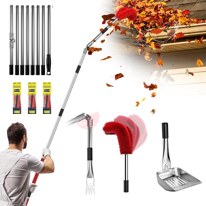 13ft Gutter Cleaning Tools From the Ground, No Ladder Needed, 3-in-1 Gutter Cleaner Pole with Replaceable Brush Rake Scoop, 180° Adjustable Angle for Leaves & Debris Cleaning with Grip Tapes, Red