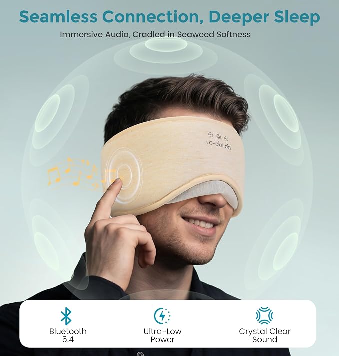 LC-dolida Sleep Masks with Bluetooth Headphones, Soft Seaweed Fiber Cotton Bluetooth Sleep Mask, Total Blackout Fully Wrapped Sleep Mask for Side Sleepers, Travel Meditation Gift, Nude