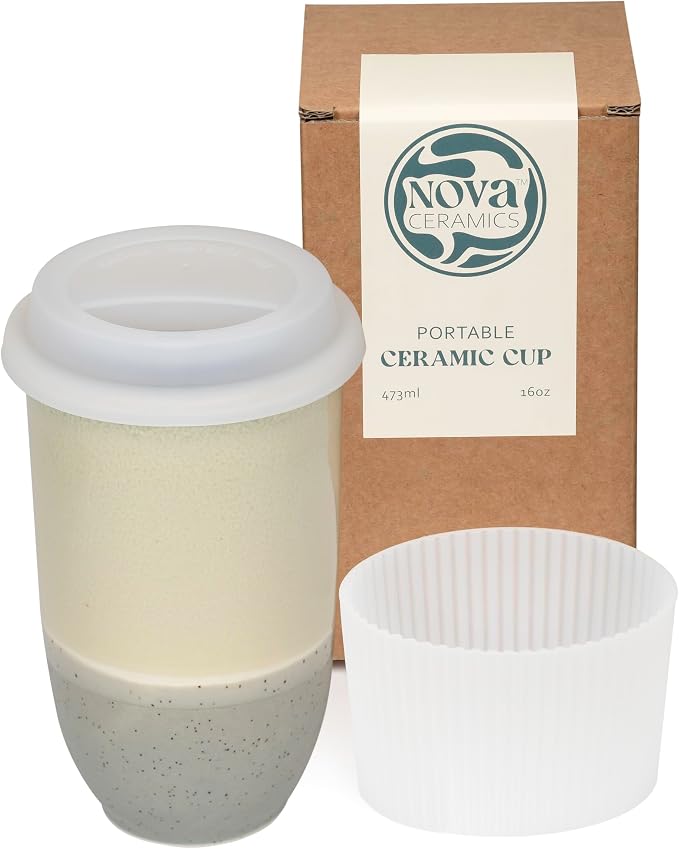 NOVA CERAMICS Travel Mug - Ceramic Coffee Mug With Lid – Microwave & Dishwasher Safe Coffee White & Grey Tumbler - Gifts For Women Men Him Her – 16oz – Mist
