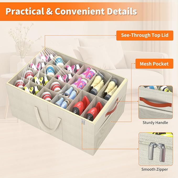 Aokeyee 2 Pack Shoe Organizer for Closet, Large Shoe Storage Box, Beige | Fits up to 48 Pairs, Stackable, Space Saving, Foldable, Shoes Organizer Bin with Clear Cover, 4 Reinforced Handles