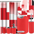 Lnond Red Bathroom Set, 22-Piece Red Geometry Bathroom Decor Set with with Shower Curtain and Rugs, Trash Can, Toilet Brush Holder Set & Soap Dispenser