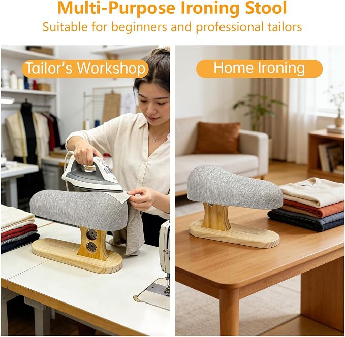 Tailor's Small Ironing Board, Pressing Board with Cotton Cover & Solid Wood Base, Compact Padded Board for Curved Seams, Sleeves, Cuffs and Bodices