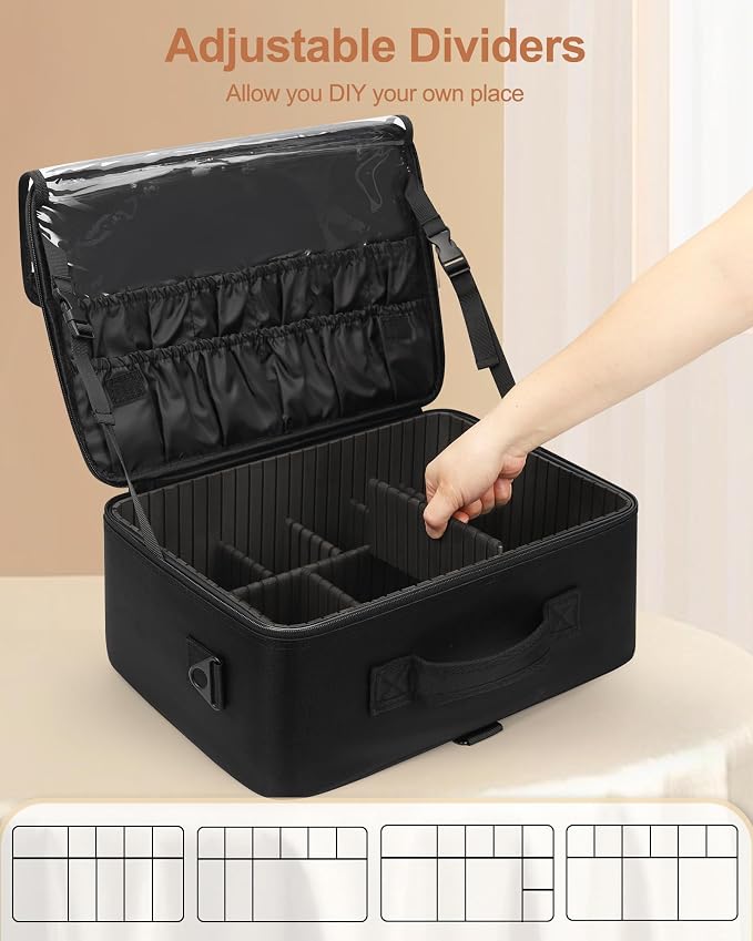 Relavel Large Makeup Case Professional Cosmetic Storage Organizer Box Brush Holder with 3 Clear Set Bags and Adjustable Dividers for Makeup Artists with Shoulder Strap