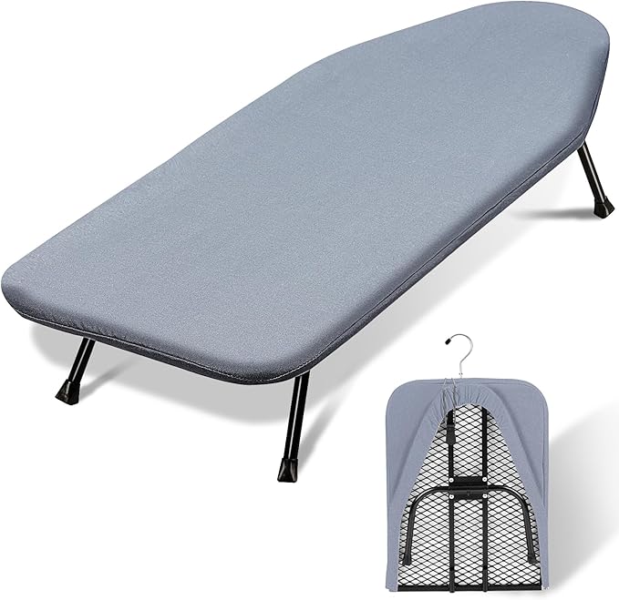 SheeChung Small Ironing Board 12"x32",Mini Ironing Board with Metal Mesh | Foldable,Tabletop,Hanging Hook,Cotton Cover,Heat Resistant Pad,Space Saving,Non-Slip Feet,Fits for Dorm Travel Sewing Room