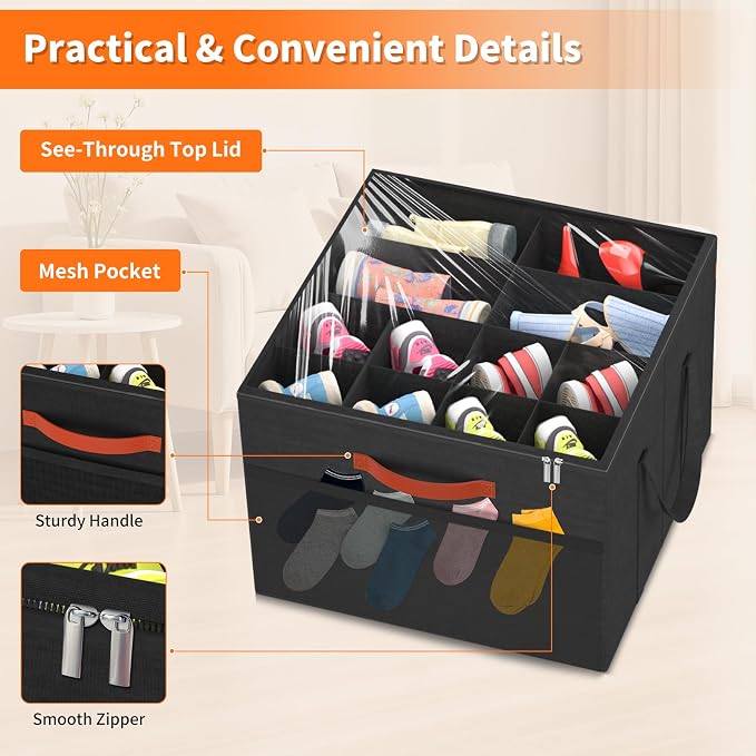 Aokeyee 2 Pack Shoe Organizer for Closet, Stackable Shoe Storage Box, Black | Fits up to 32 Pairs, Space Saving, Foldable, Shoes Organizer Bin with Clear Cover, 4 Reinforced Handles