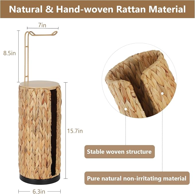 Freestanding Toilet Paper Holder with Storage,3 Rolls of Tissue Holder for Bathroom,Handmade Woven Toilet Paper Roll Holder Stand,Water Hyacinth Boho Bathroom Decor Farmhouse Toilet Paper Storage