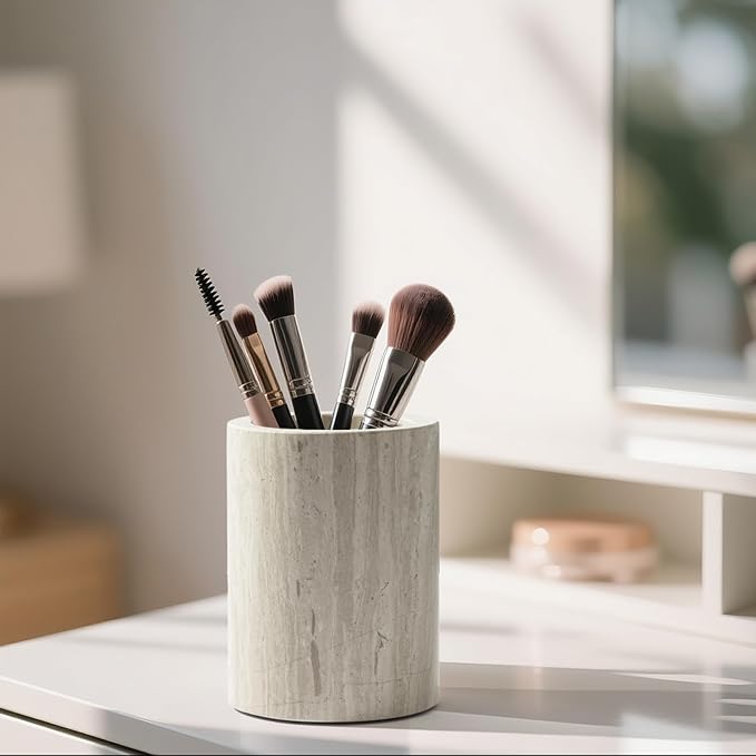 Natural Marble Pen Holder for Desk, Handcrafted Sturdy Desk Organizer with Anti-Slip Base 3.1” x 4.3” – Unique Stone Craft for Office Supplies, Makeup Brushes & Home Decor Grey (WH077)