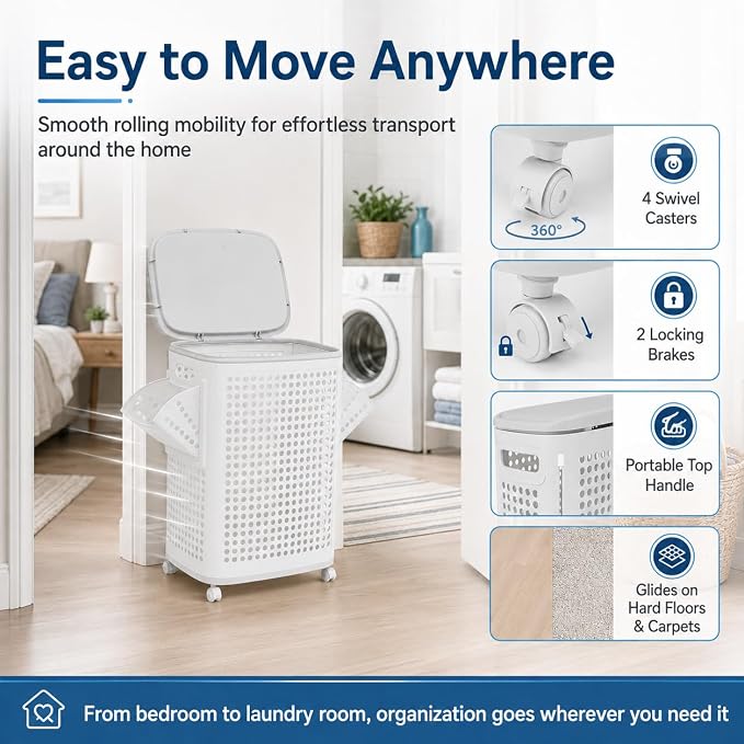 Laundry Hamper with Wheels, 70L/18.5Gal Large Capacity Collapsible Laundry Basket, Portable Rolling Laundry Bin with Lid & Handle, Side Hanging Baskets for Bedroom, Bathroom, Dorm (White)