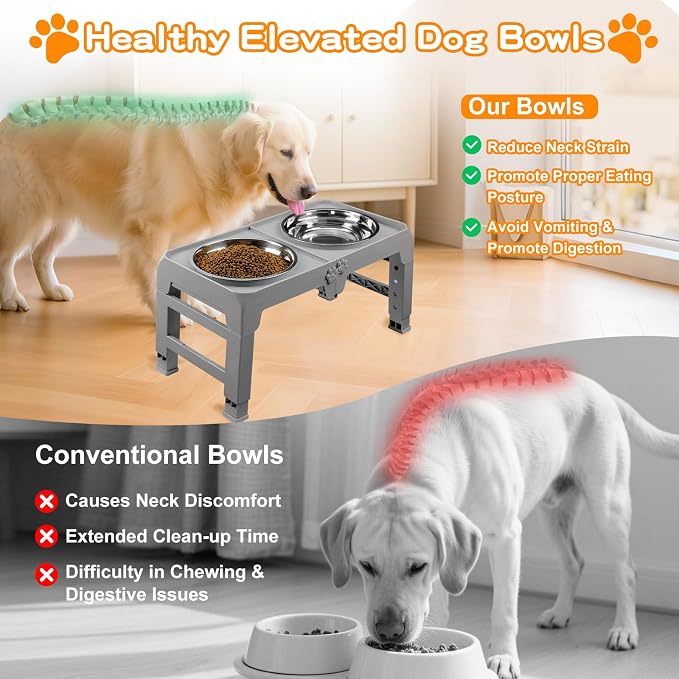 Elevated Dog Bowls for Large Dogs 5 Adjustable Heights 7.5"-15.4", 2 X-Large 10” Stainless Steel Bowls, Heavy Duty Raised Dog Bowl Stand Foldable Pet Feeder for Dogs Shoulder Height Over 15”, Grey