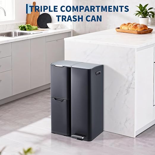 16 Gal Recycle Bins for Kitchen, Triple Compartment Garbage Can with Lid, Stainless Steel Trash and Recycling Bin Combo with Inner Bucket & Foldable Foot Pedal for Home Office, Black