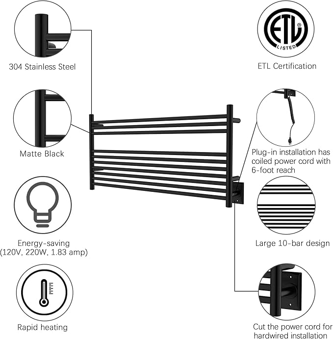 HEATGENE Towel Warmer 10 Bar Towel Dryer Wall-Mounted Plug-in Bath Towel Heater - Matte Black