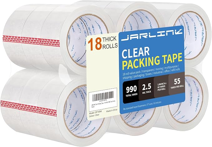 JARLINK 18 Rolls Clear Packing Tape, Heavy Duty Packaging Tape | 1.88 Inches Wide and 55 Yards per Roll, 990 Total Yards. Value Bulk Pack Clear Box Sealing Tape for Shipping.