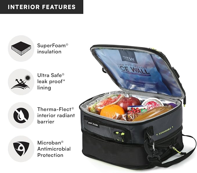Arctic Zone Titan Deep Freeze Fridge Expandable Insulated Horizontal Lunch Pack, Grey | Durable, insulated lunch bag with leak proof, easy clean lining, keeps food fridge cold up to 6 hours, for adults and kids