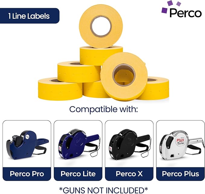 Perco 1 Line Yellow Labels - 32,000 Blank Price and Date Gun Labels for Perco Lite, X, Plus and Pro 1 Line Price and Date Guns - 32 Rolls, 4 Sleeves - Made in USA
