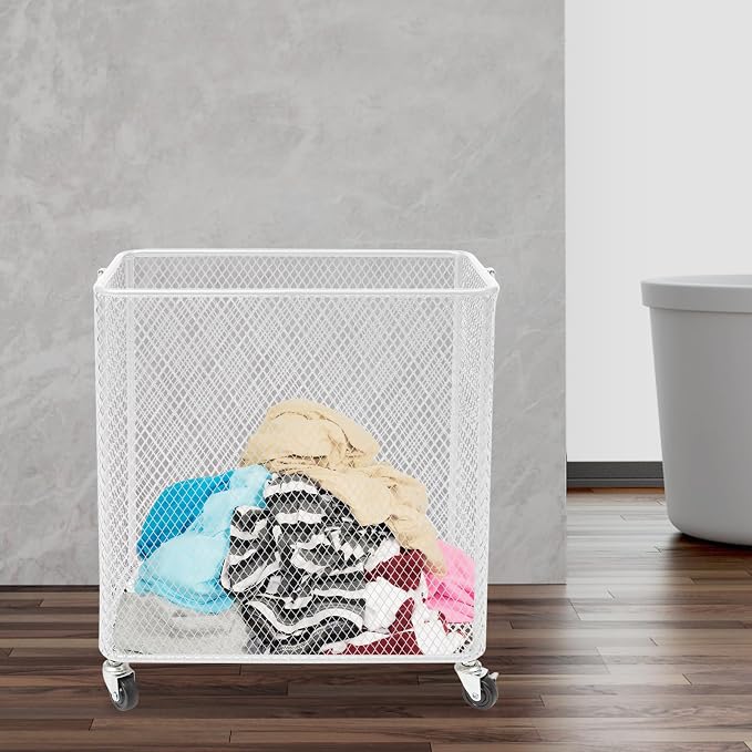 Rolling Laundry Basket with Wheels and Round Handle, Rectangular Metal Mesh Wire Laundry Hamper, Wheeled Dirty Clothes Basket, Utility Storage Cart Bathroom Organizer for Home (White-Rectangular)