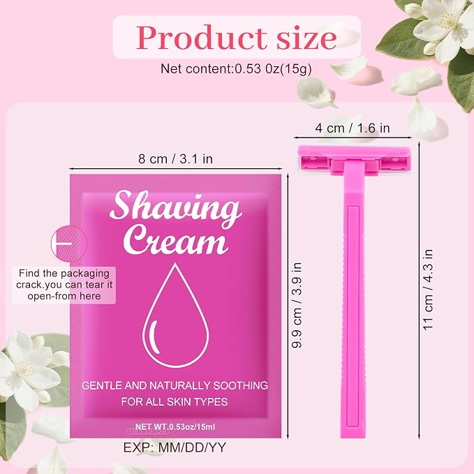 Womens Shaving Cream Bulk Travel and Women's Disposable Razors Individually Wrapped,0.53oz Shave Gel for Women, Care Dry Skin Womens Shave Gel Disposable Razors Women for Travel Guests Homeless（30Set）