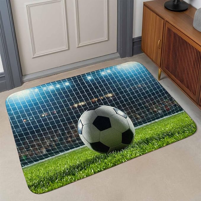 Front Door Mat Indoor Outdoor 19.7"x31.5", Football Absorbent Non Slip Welcome Mat, Soccer Ball Sports Net Mesh Evening Match Low Profile Entryway Rug for Front Entrance Porch Back Door Patio