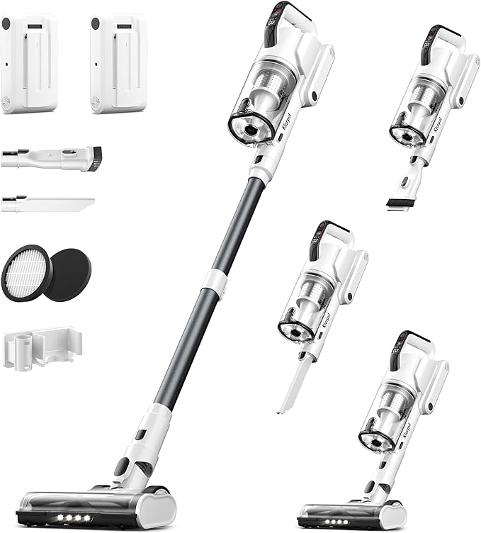 Klarpul Cordless Vacuum Cleaner, 2 Batteries 140 Mins Runtime 600W 50Kpa Stick Vacuum Cordless, Self-Standing Vacuum Cleaners for Home with 2.5H Fast Charging, for Floor/Carpet/Pet Hair, White