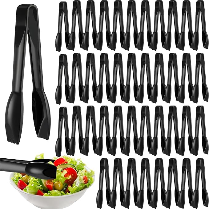 Patelai 48 Pcs 6 Inch Utility Tong Plastic Serving Tongs Bulk Scalloped Serving Utensils Charcuterie Accessories Heavy Duty Tongs for Cooking Appetizers Food Catering Dinner Party (Black)
