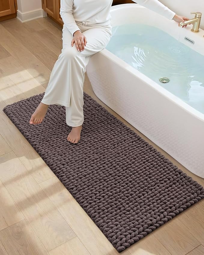 DEXI Bathroom Runner Rugs 60x24, Non Slip Washable Long Bath Mat, Luxury Chenille Super Absorbent Ultra Thick Bathmats for Shower Floor, Plush Fluffy Shaggy Carpet for Tub, Purplish Grey