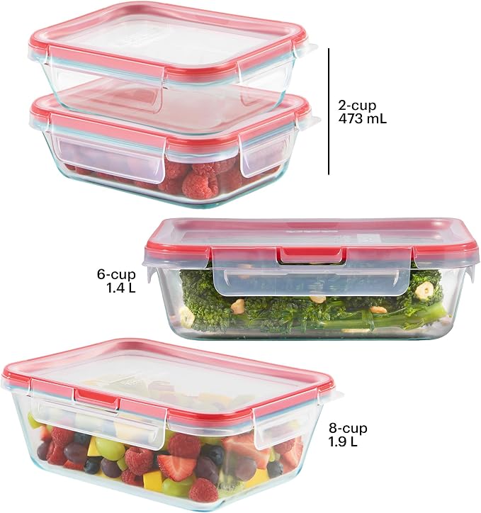 Pyrex Freshlock (4-Pack) Mixed Sized Glass Food Storage Containers Set, Airtight & Leakproof Plastic Locking Lids BPA-Free, Meal Prep Containers Set, Freezer Dishwasher Microwave Safe