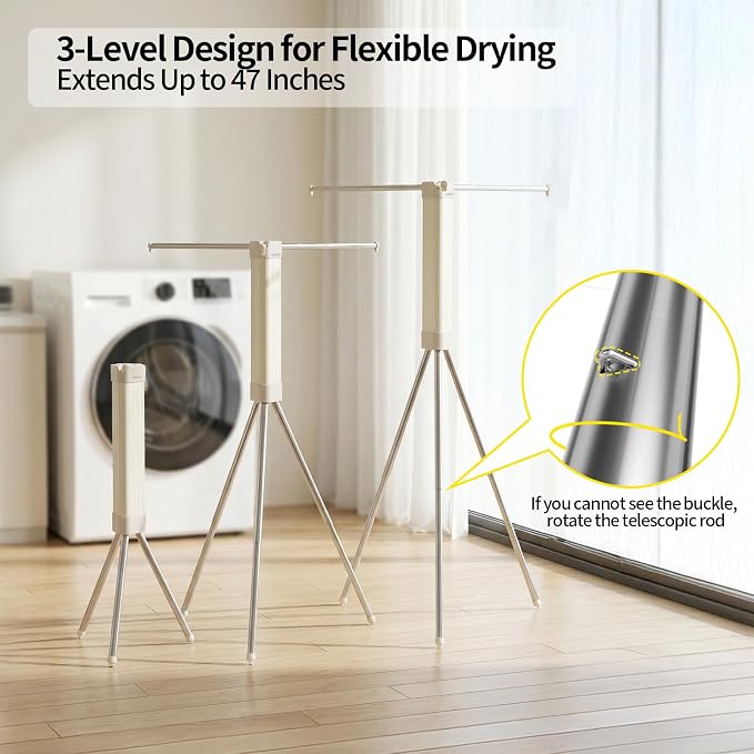 BIREN Foldable Clothes Drying Rack Tripod Clothes Rack Heavy Duty Clothing Racks Laundry Rack Drying for Travel, Camping, Hotel, Apartment, 3 Poles