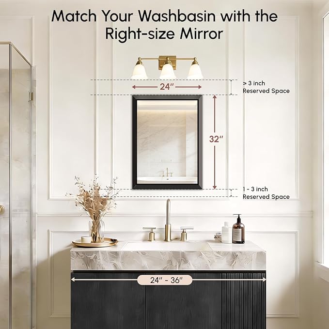USHOWER 24x32 Inch Floating Bathroom Mirror - Brushed Black Wall Mirror for Over Sink, Beveled Aluminum Frame, Anti-Rust, Rectangular HD Reflection Small Vanity Mirror(Copper-Free Silver Coating)