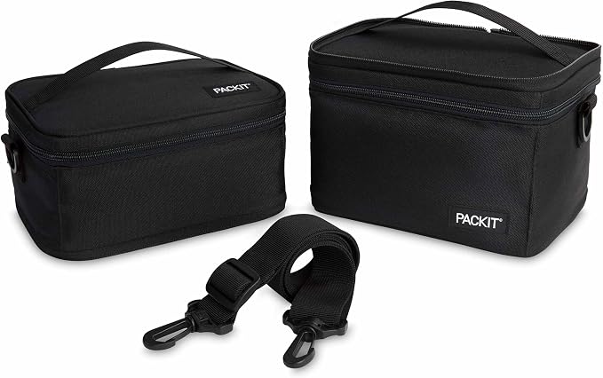 PackIt Mod 3-In-1 Lunch Box for Men and Women, Black with EcoFreeze Technology (Built-in Ice Packs), Removable Crossbody Strap, Designed for Outdoor, Work & Everyday Use